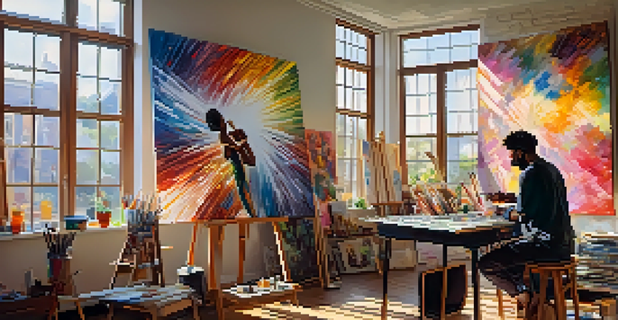 A painter and a musician collaborate in a bright studio, surrounded by colorful canvases and art supplies, with sunlight illuminating the scene.