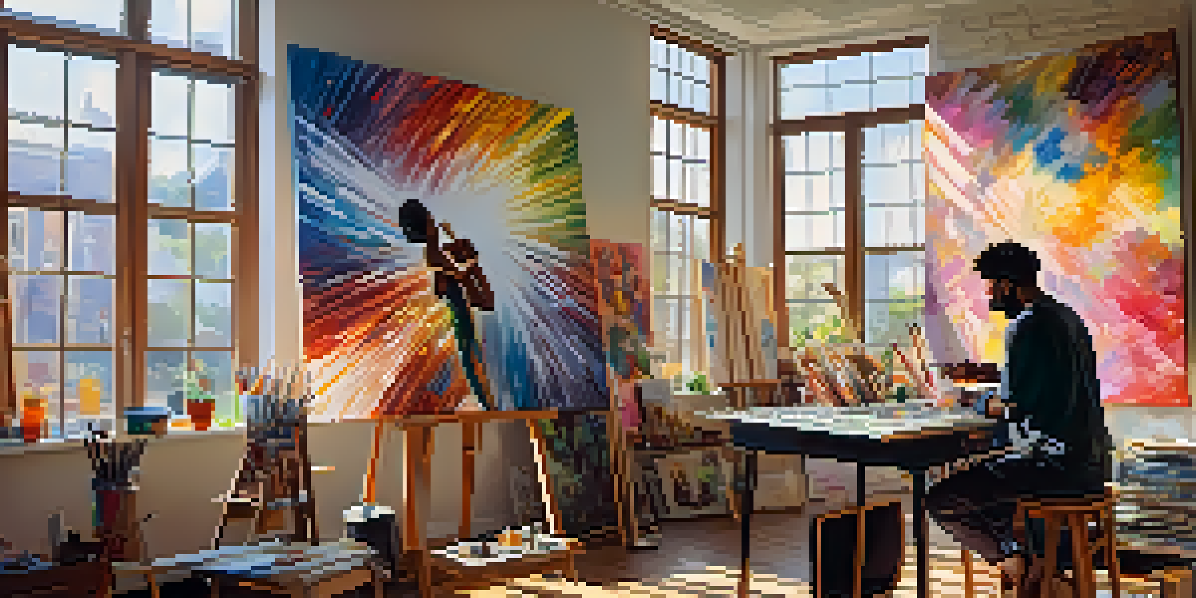 A painter and a musician collaborate in a bright studio, surrounded by colorful canvases and art supplies, with sunlight illuminating the scene.