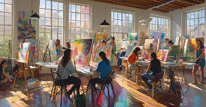 A diverse group of artists in a bright studio, collaborating on a colorful canvas, highlighting creativity and inclusivity.