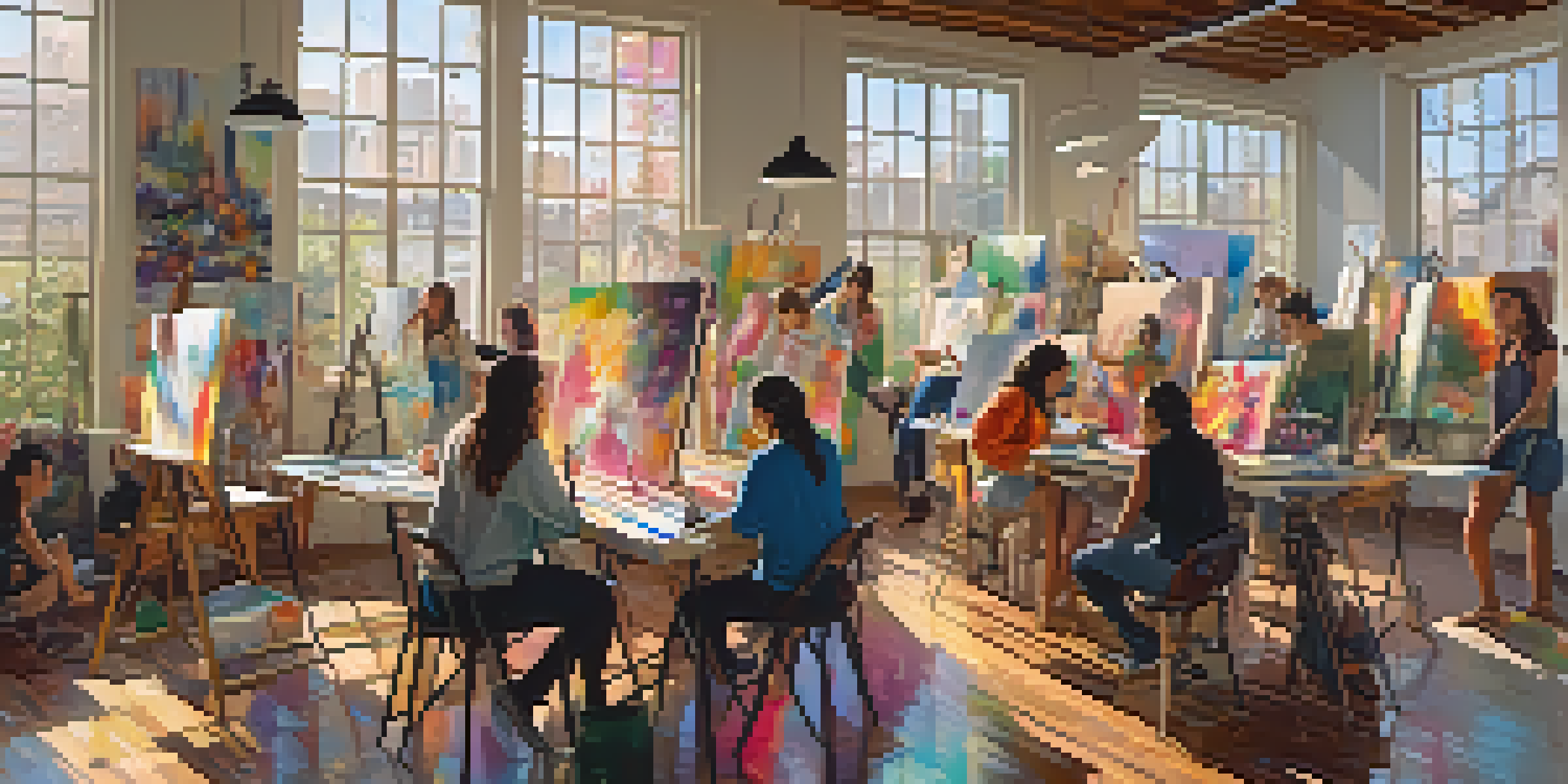 A diverse group of artists in a bright studio, collaborating on a colorful canvas, highlighting creativity and inclusivity.