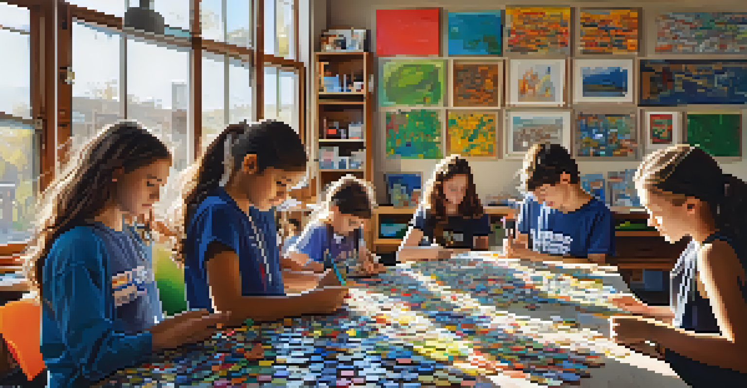 Students in a bright classroom creating art from recycled materials, surrounded by colorful artworks.