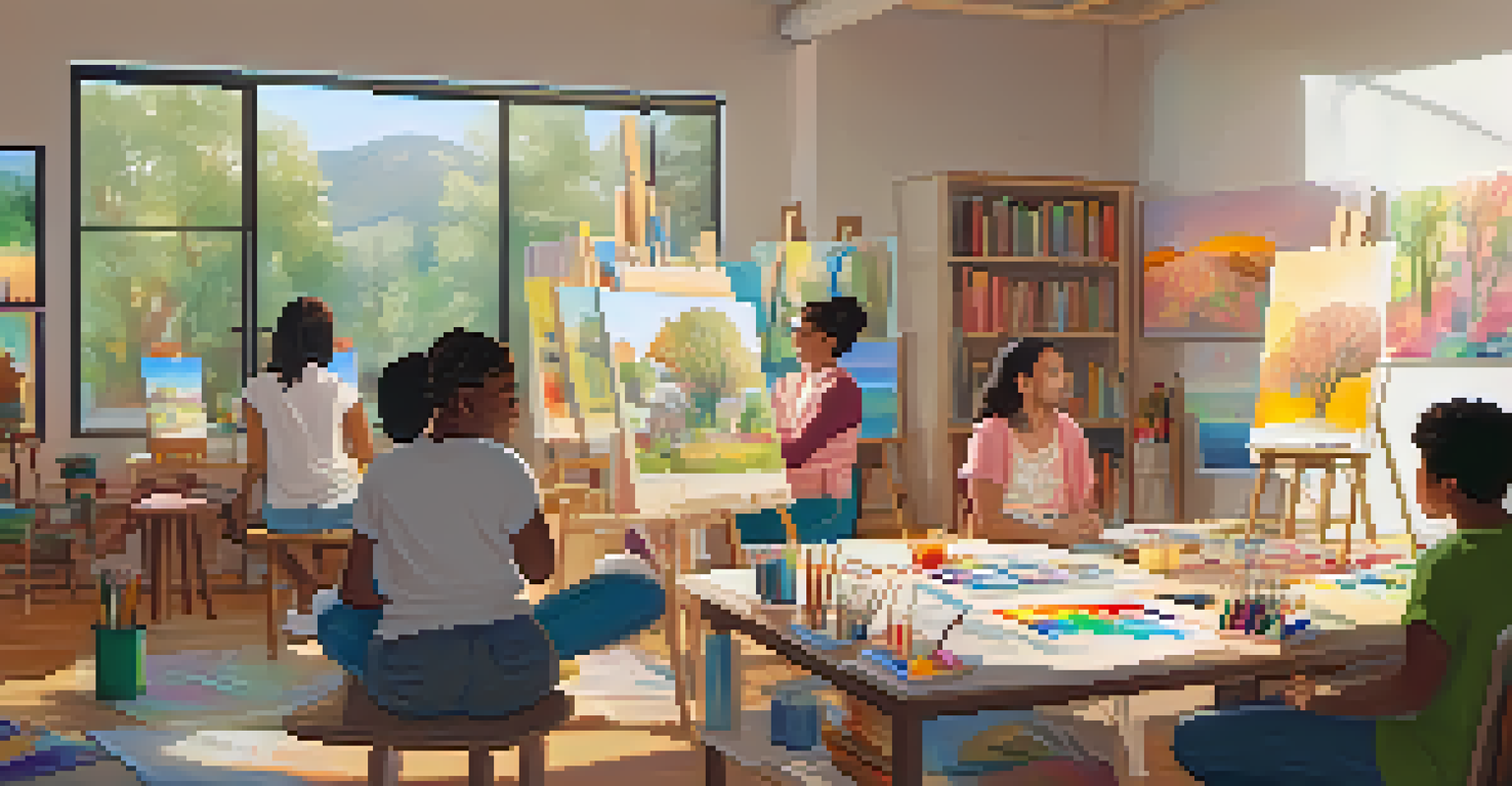 Participants in an art therapy session, creating art in a sunlit room filled with colorful supplies, reflecting diverse gender identities.