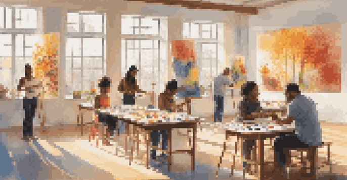 A group of diverse individuals painting in a bright art therapy studio, surrounded by colorful murals and natural light.