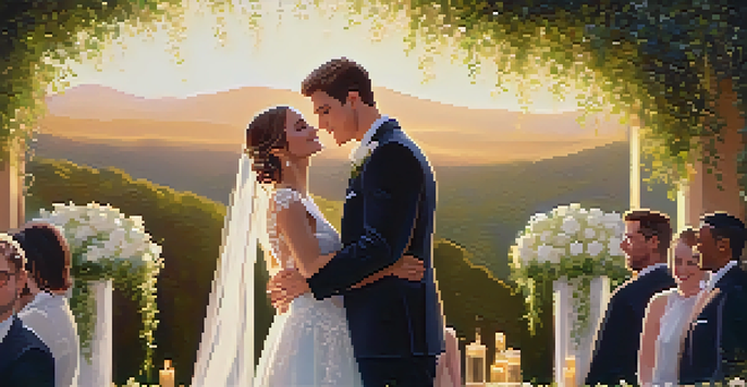 A bride and groom share an emotional moment during their wedding ceremony, surrounded by greenery and flowers.