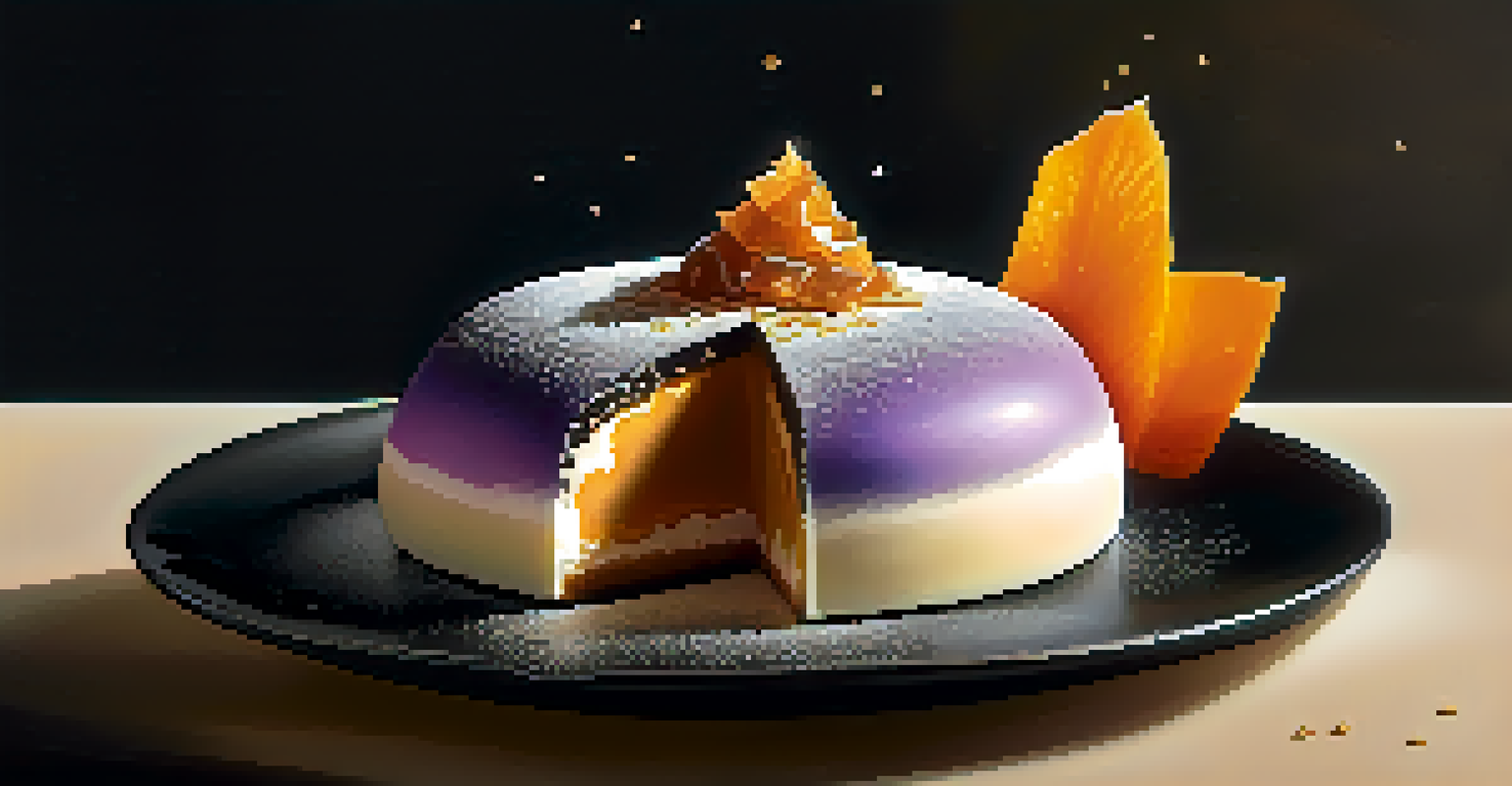 A dome-shaped mousse dessert with caramel shards and powdered sugar on a black plate, illuminated by soft ambient lighting.