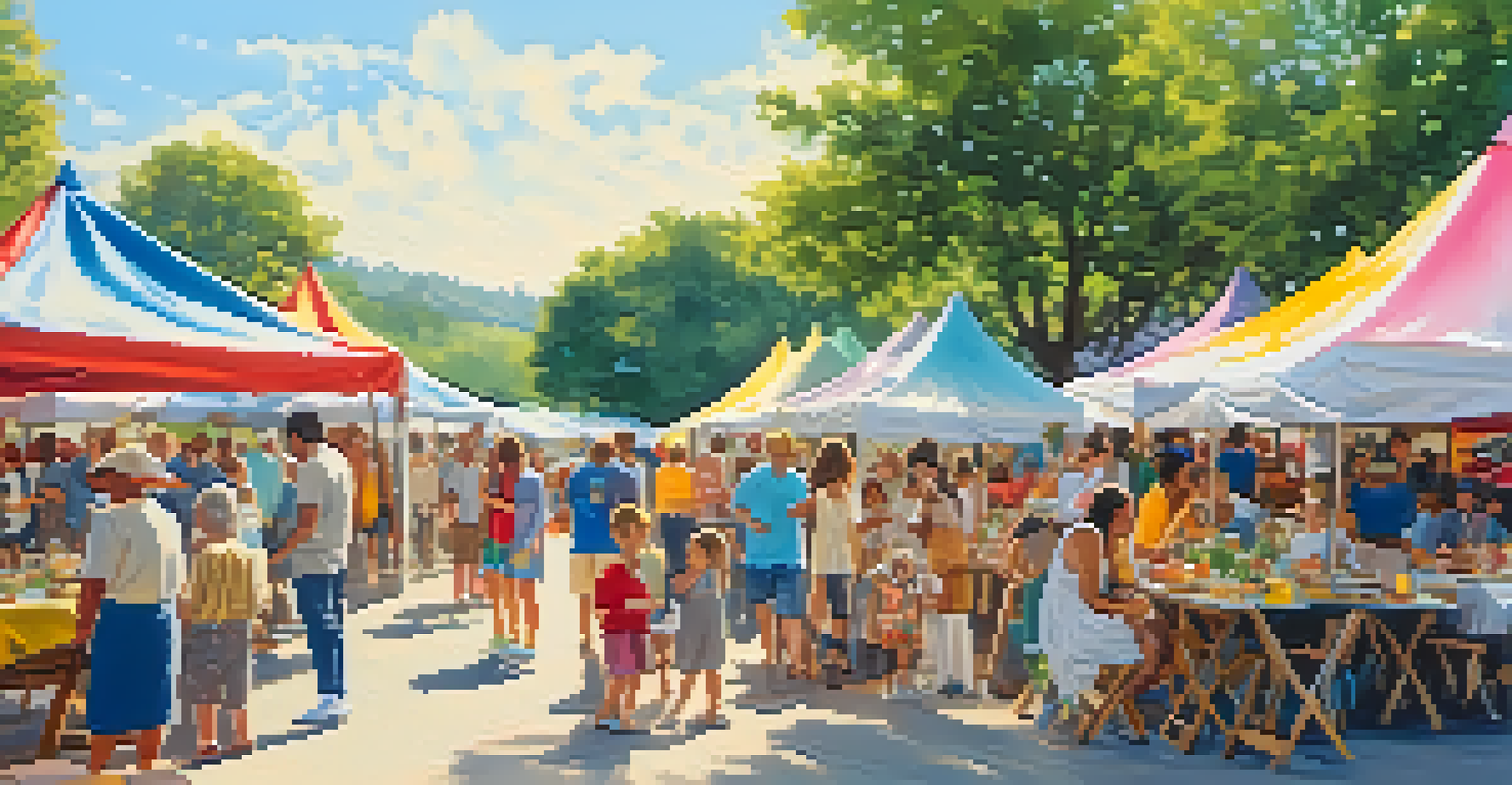 A community art event outdoors with local artists showcasing their work under colorful canopies and families enjoying the festival.
