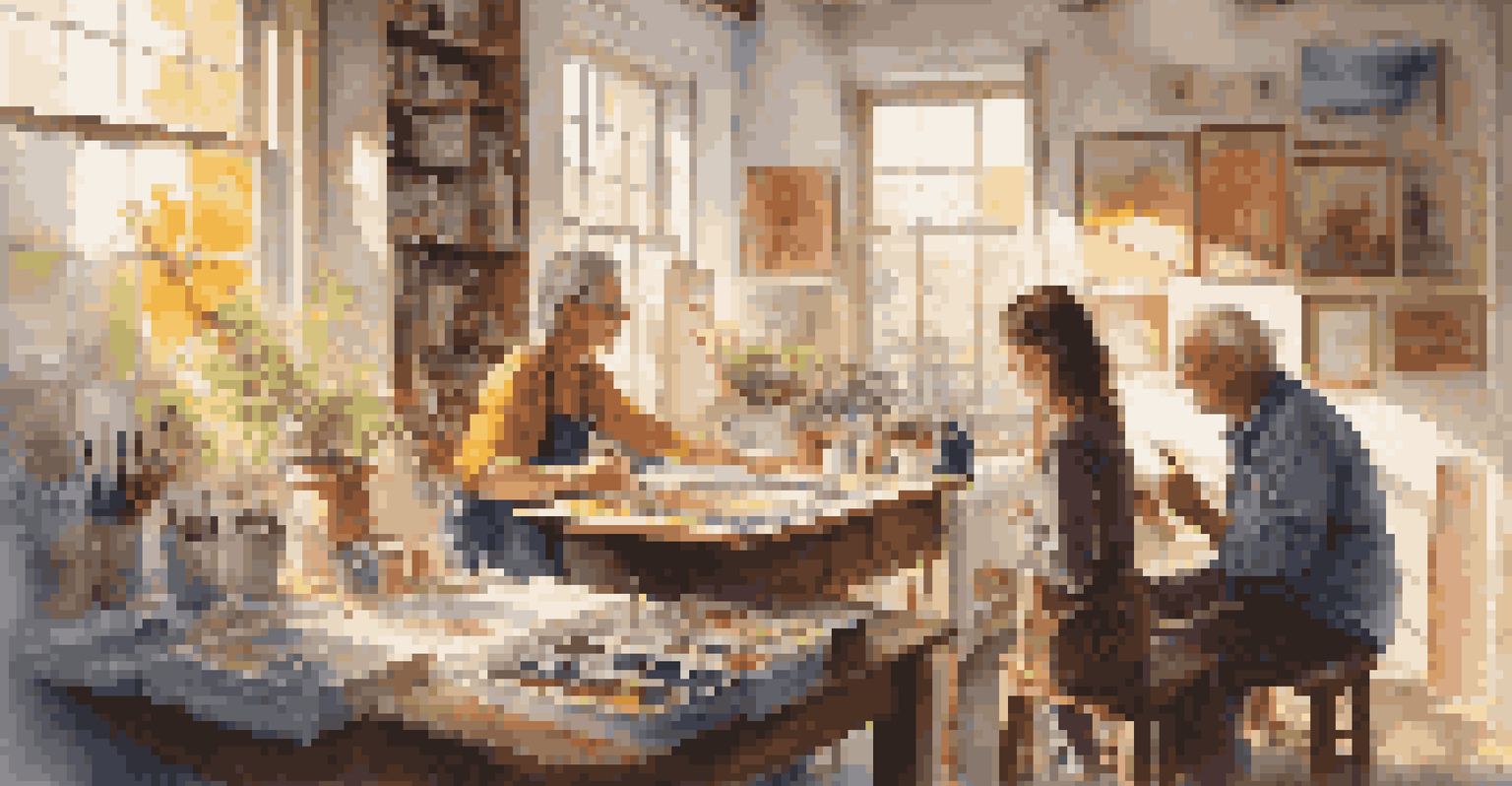 An older artist and a young apprentice collaborating in a cozy art studio filled with canvases and art supplies.