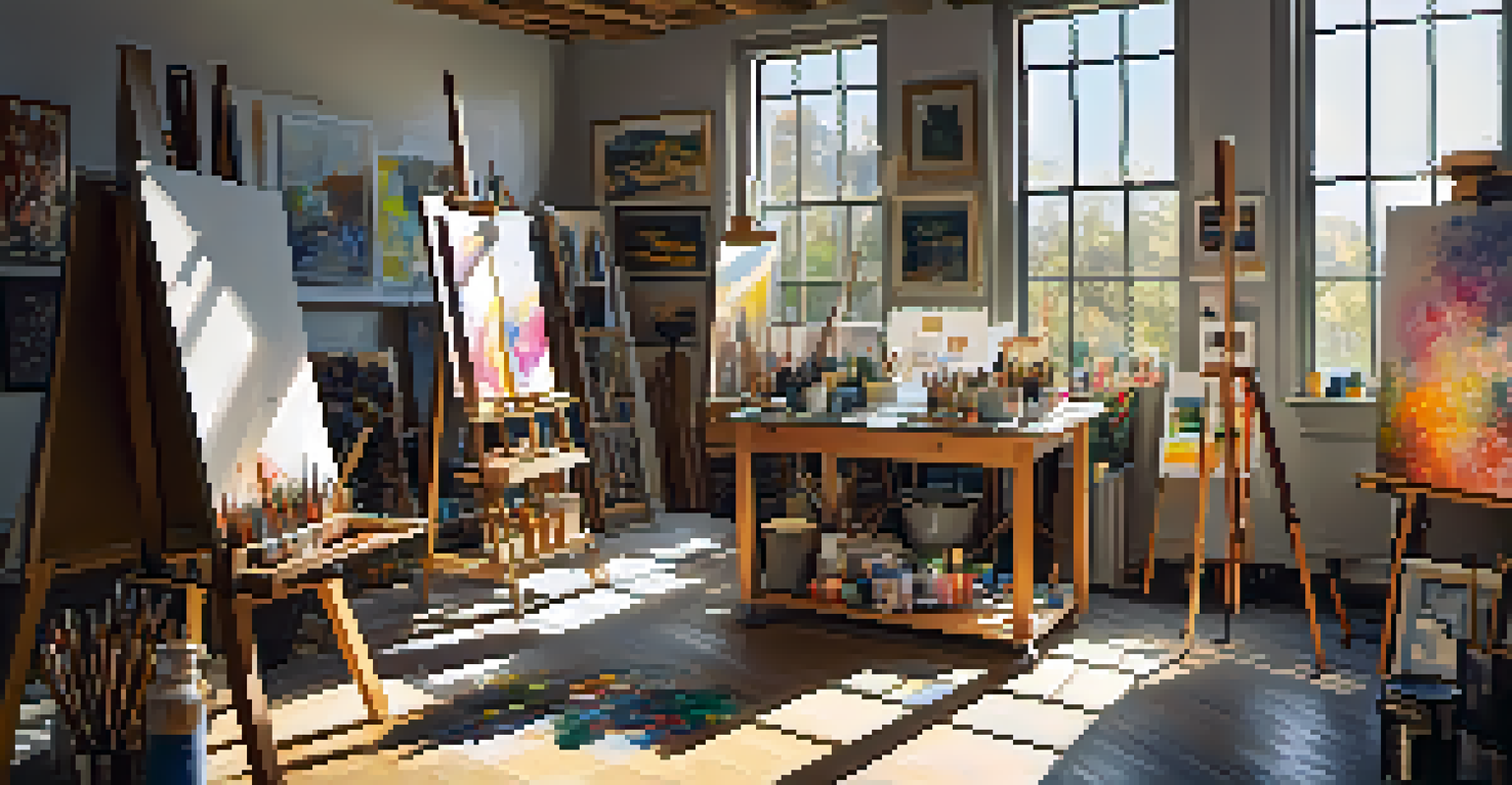 An artist's studio with canvases, brushes, paints, and sunlight streaming through a window.