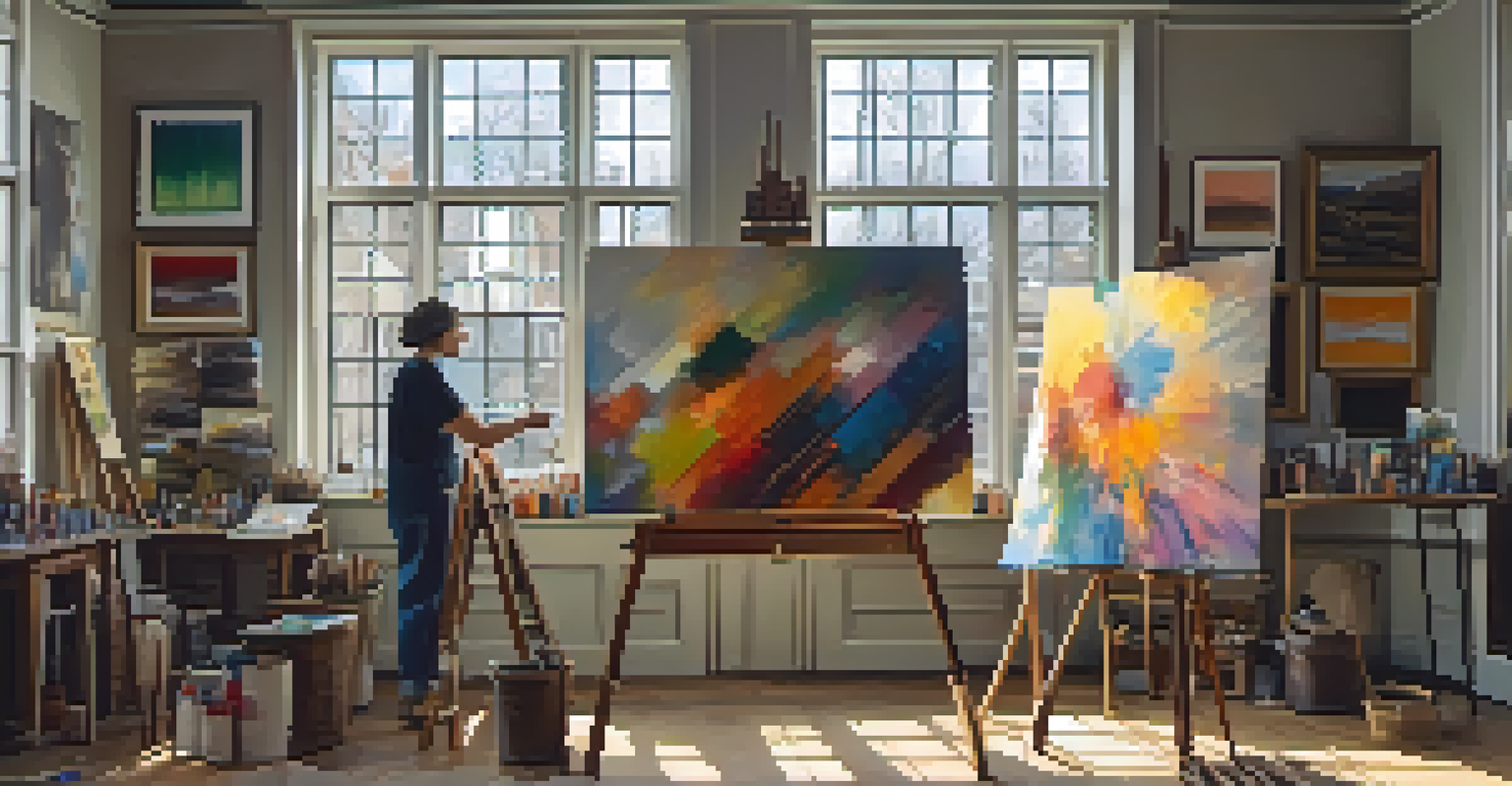 An artist painting in a well-lit studio with traditional art supplies and classic artworks displayed on the walls.