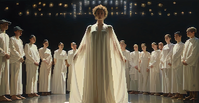 A performance artist in a white garment on stage, surrounded by an engaged audience, with warm lighting creating an intimate atmosphere.