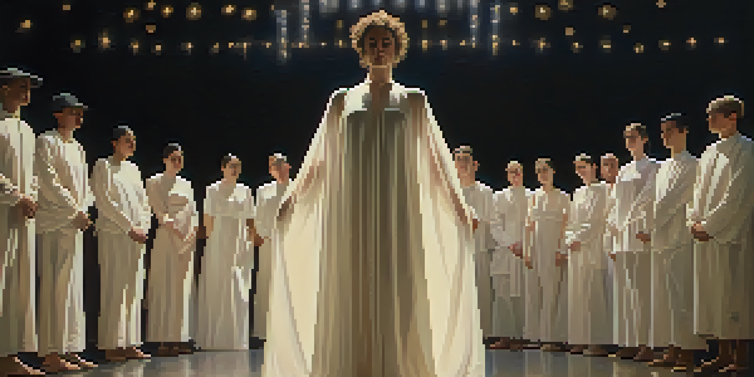 A performance artist in a white garment on stage, surrounded by an engaged audience, with warm lighting creating an intimate atmosphere.