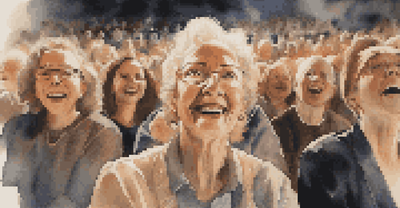 Close-up of an audience member's face showing joy and nostalgia while watching a performance, illuminated by soft stage lights.