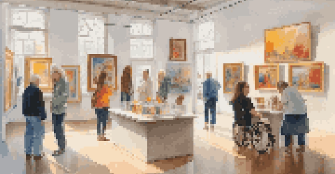 A colorful art gallery displaying diverse artworks by disabled artists, with visitors of various abilities interacting and discussing the pieces in a bright, inviting space.