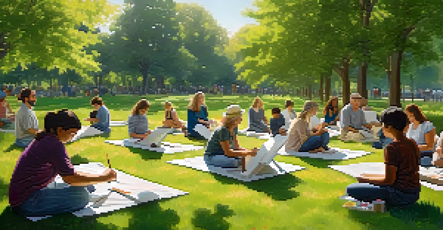 A peaceful park with people of various ages painting in an outdoor art class amid trees and flowers.