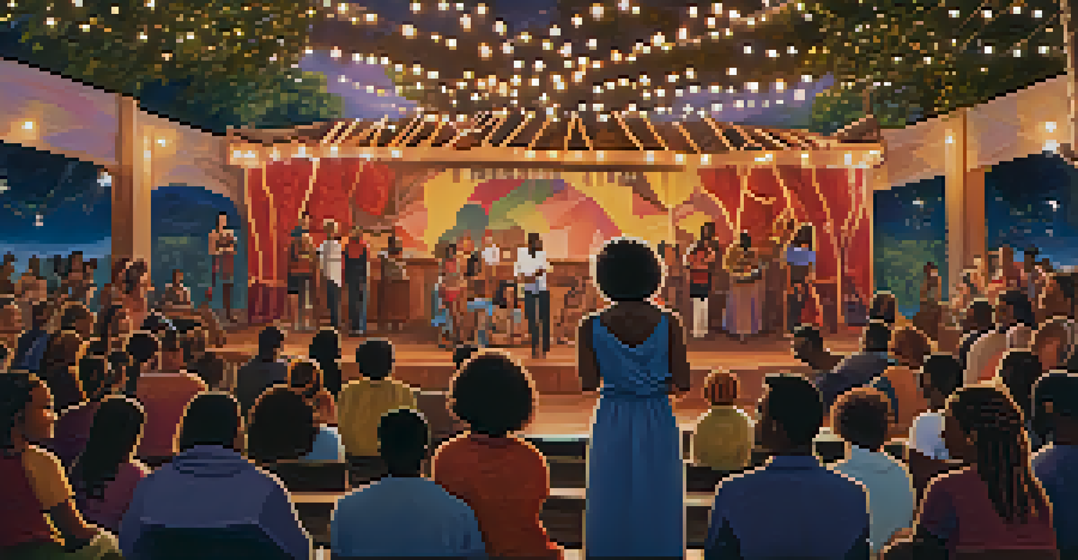 A community theater performance with actors on stage against a backdrop of a mural, engaging an audience in a warm, inviting atmosphere.