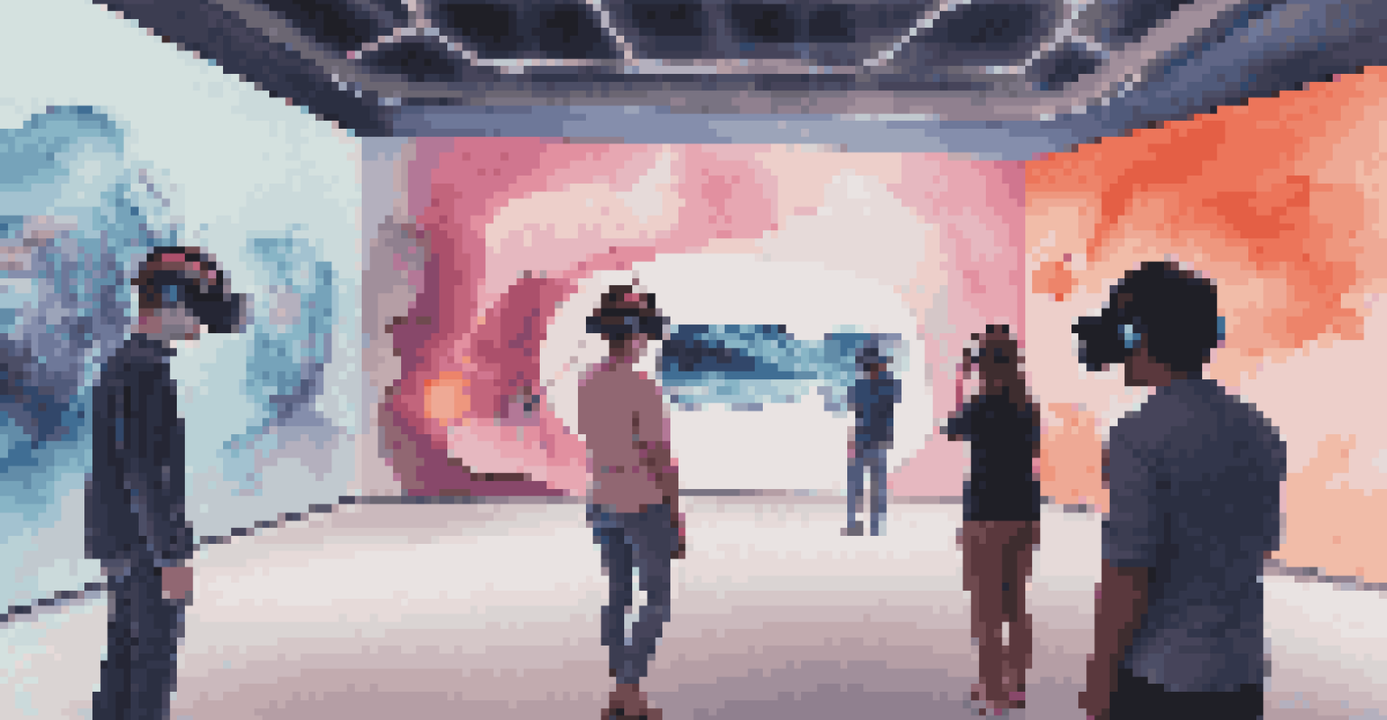 A futuristic museum exhibit with visitors using virtual reality headsets, surrounded by interactive displays and ambient lighting, exploring a digital art world.