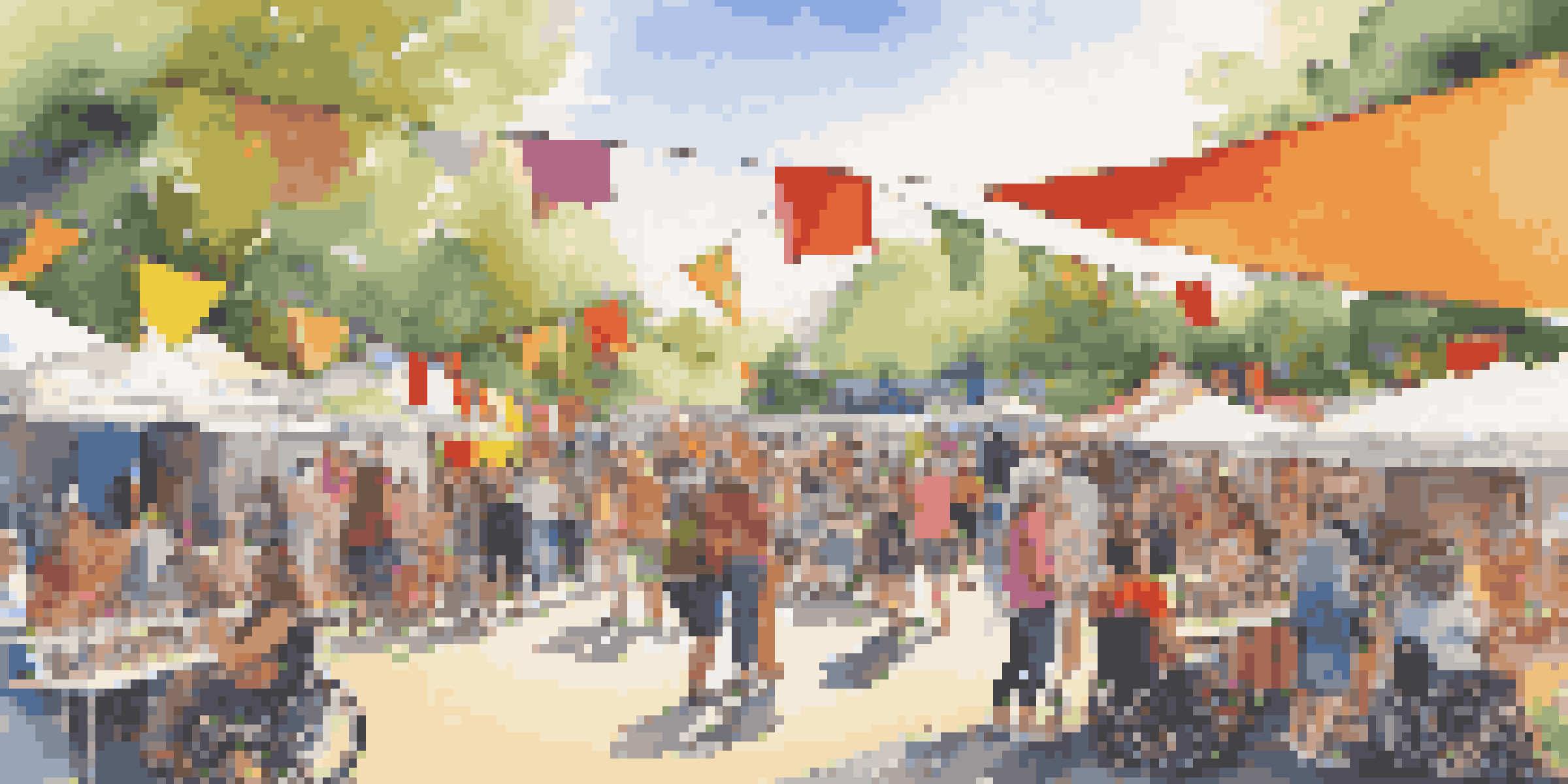 A lively outdoor art festival with diverse attendees, including a person in a wheelchair, children engaging with art, and artists creating work in a sunny setting.