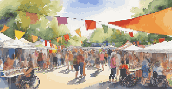 A lively outdoor art festival with diverse attendees, including a person in a wheelchair, children engaging with art, and artists creating work in a sunny setting.