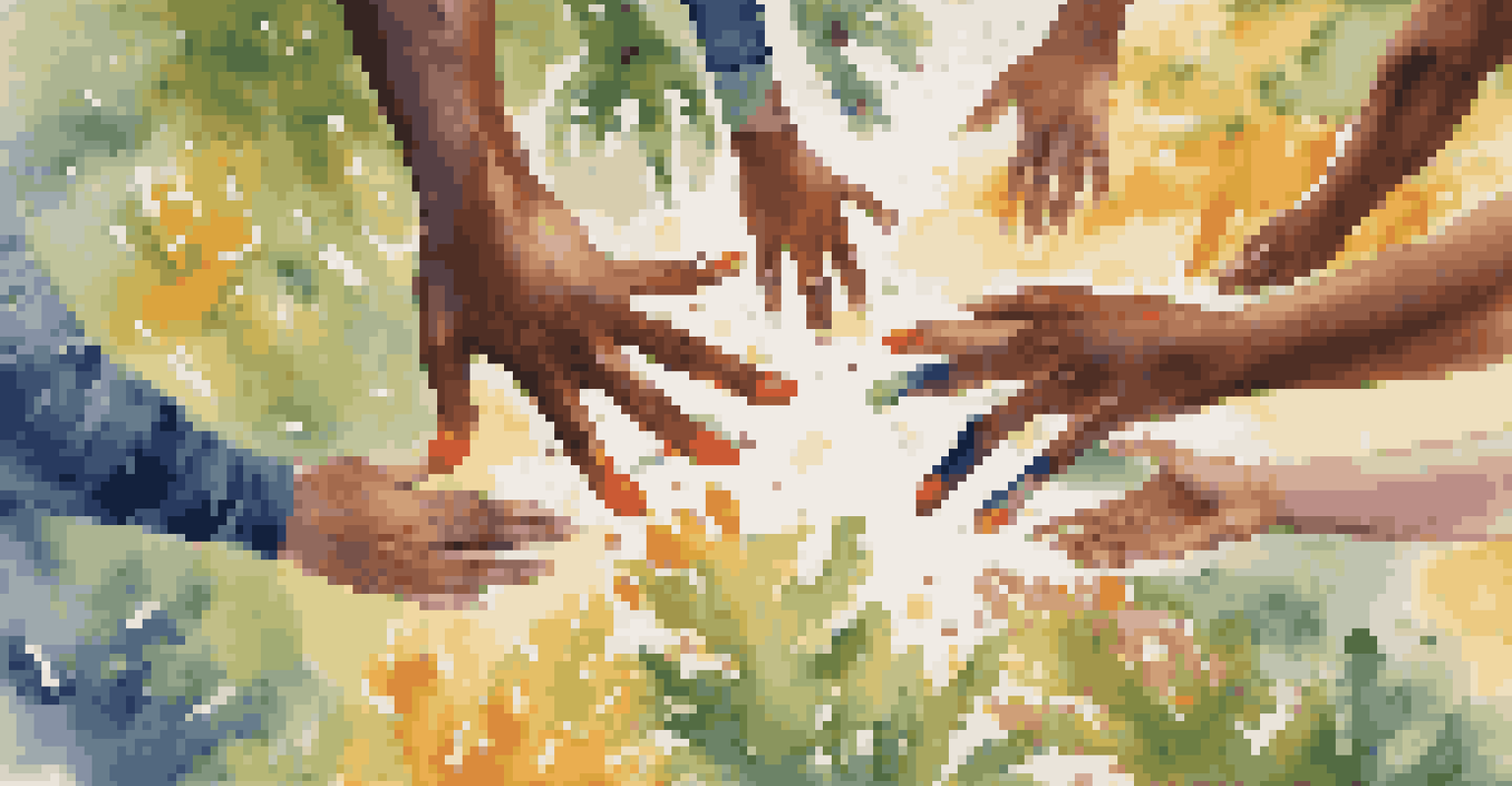 Community members collaboratively painting on a large canvas, with colorful paint splashes and natural light creating a warm atmosphere.