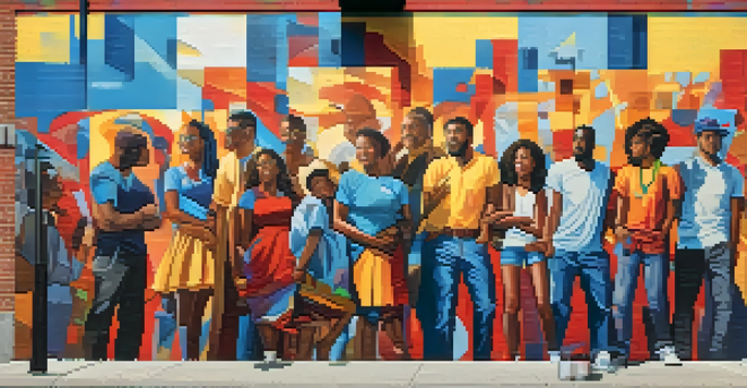 A colorful street mural illustrating social justice themes, with diverse people depicted on a brick wall.