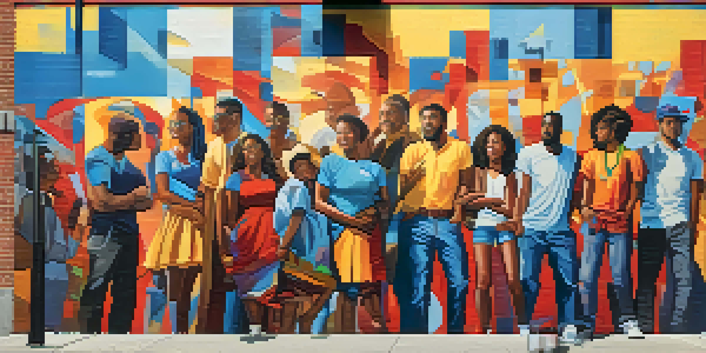 A colorful street mural illustrating social justice themes, with diverse people depicted on a brick wall.