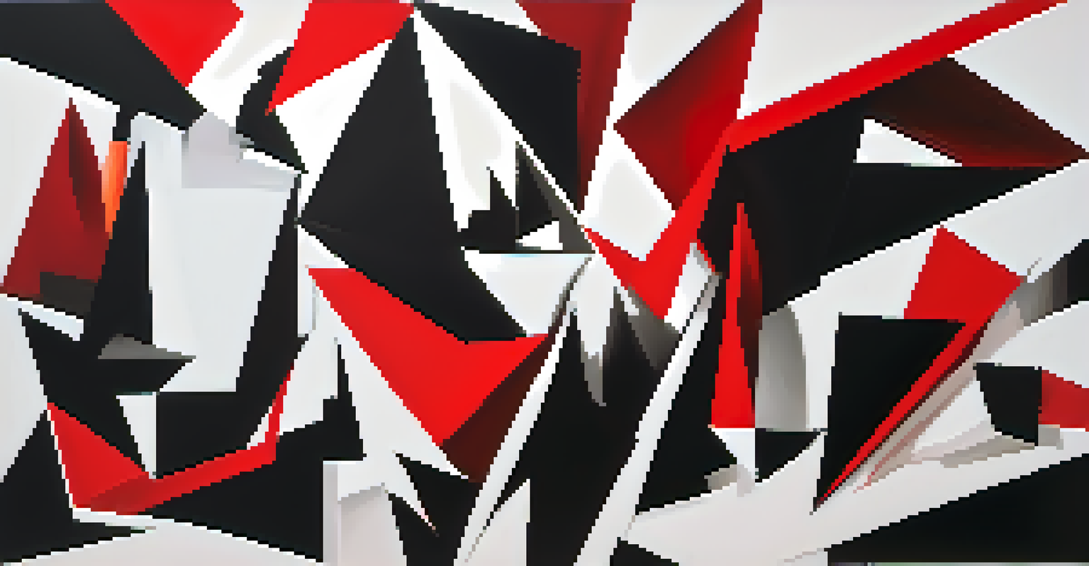 An abstract artwork with jagged red and black shapes on a white background, evoking feelings of tension and movement.
