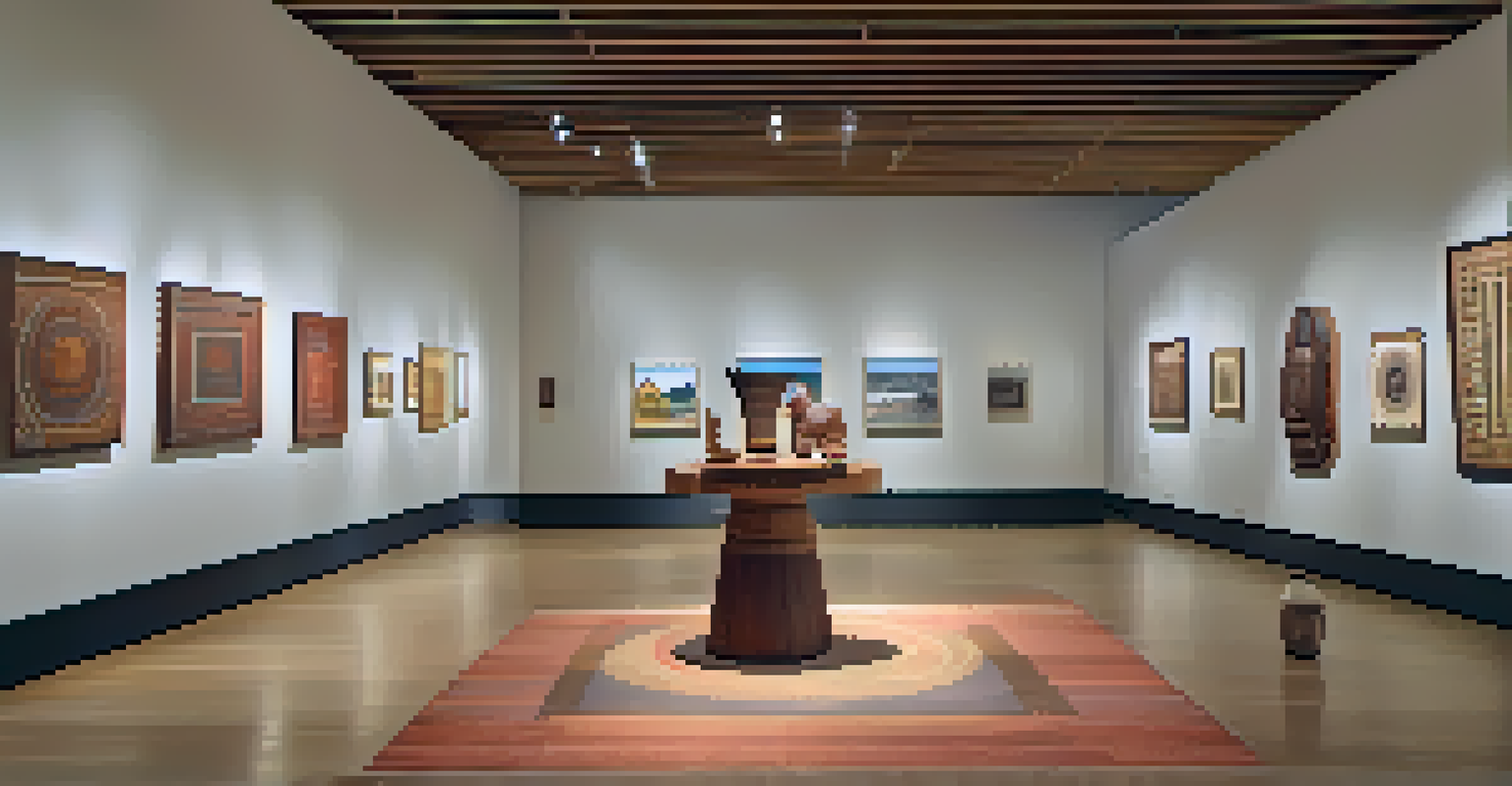 An exhibition space displaying Indigenous art pieces on pedestals, with visitors admiring the intricate details under warm lighting.