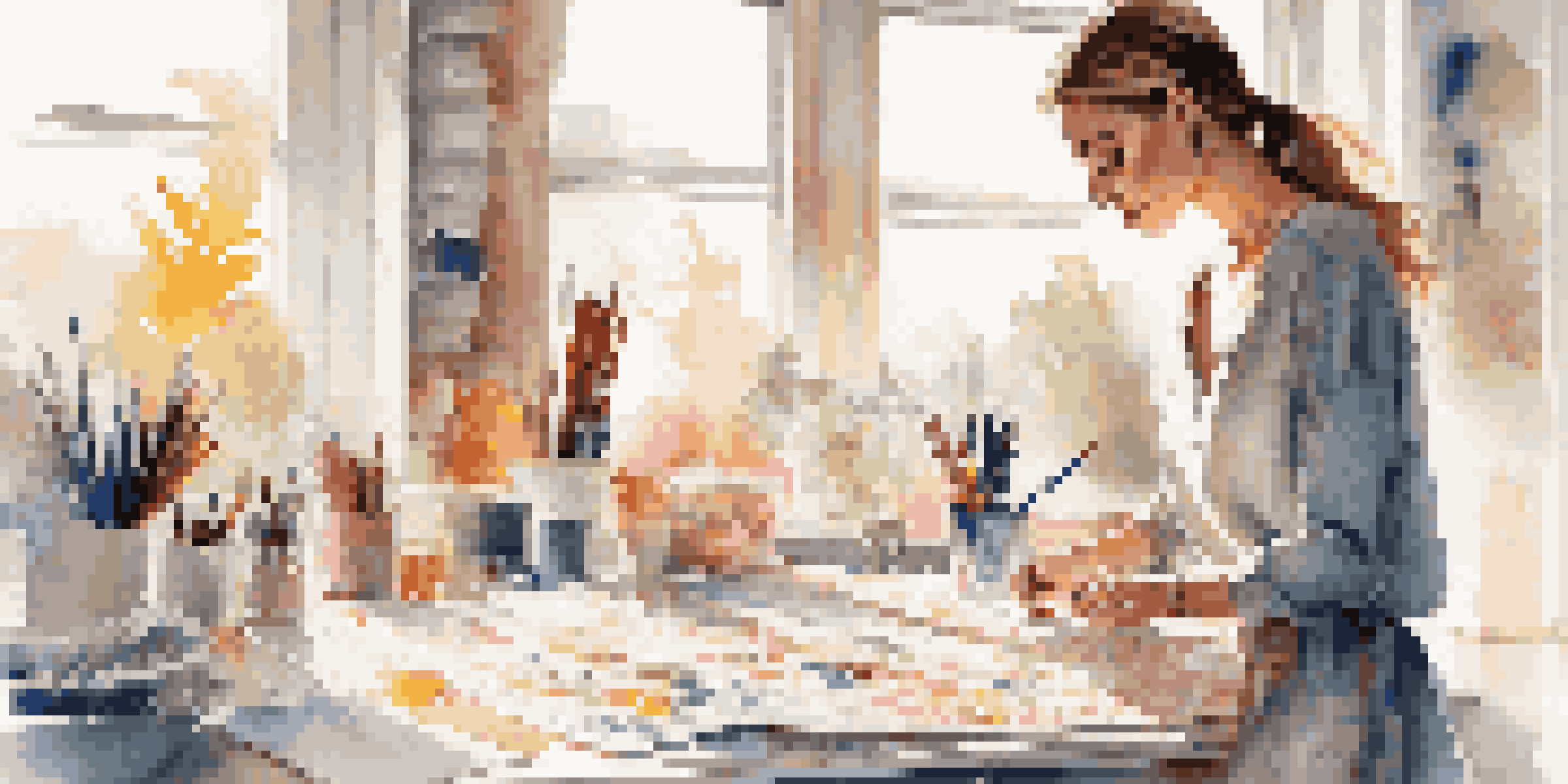 A fashion illustrator working in a bright studio, sketching a glamorous dress with colorful art supplies around.
