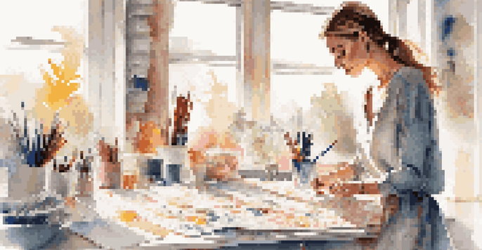 A fashion illustrator working in a bright studio, sketching a glamorous dress with colorful art supplies around.