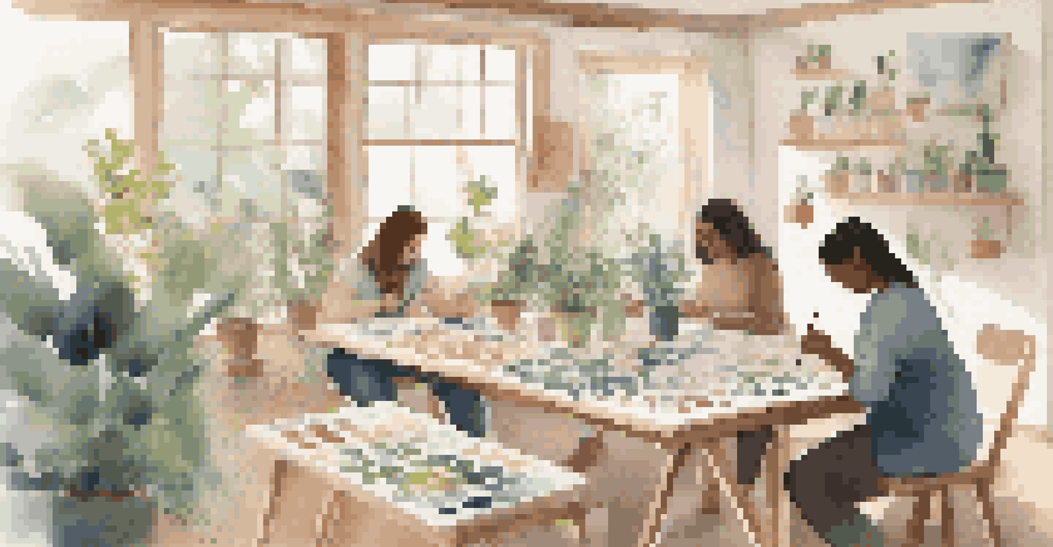 A calm art therapy session in a bright room, with people creating art and surrounded by plants and supplies.