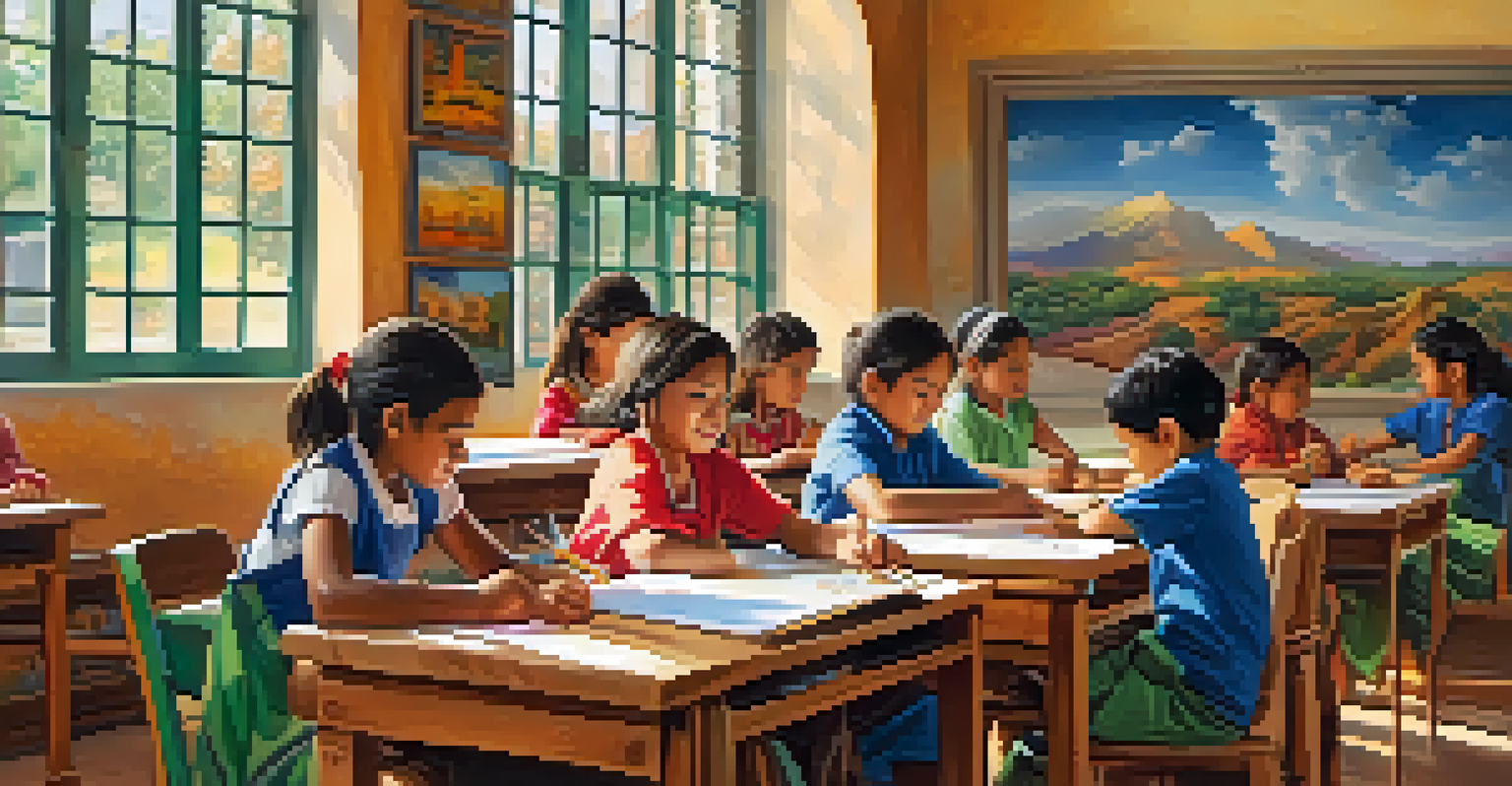 Children participating in a traditional painting workshop in a bright classroom, surrounded by colorful artwork and sunlight.