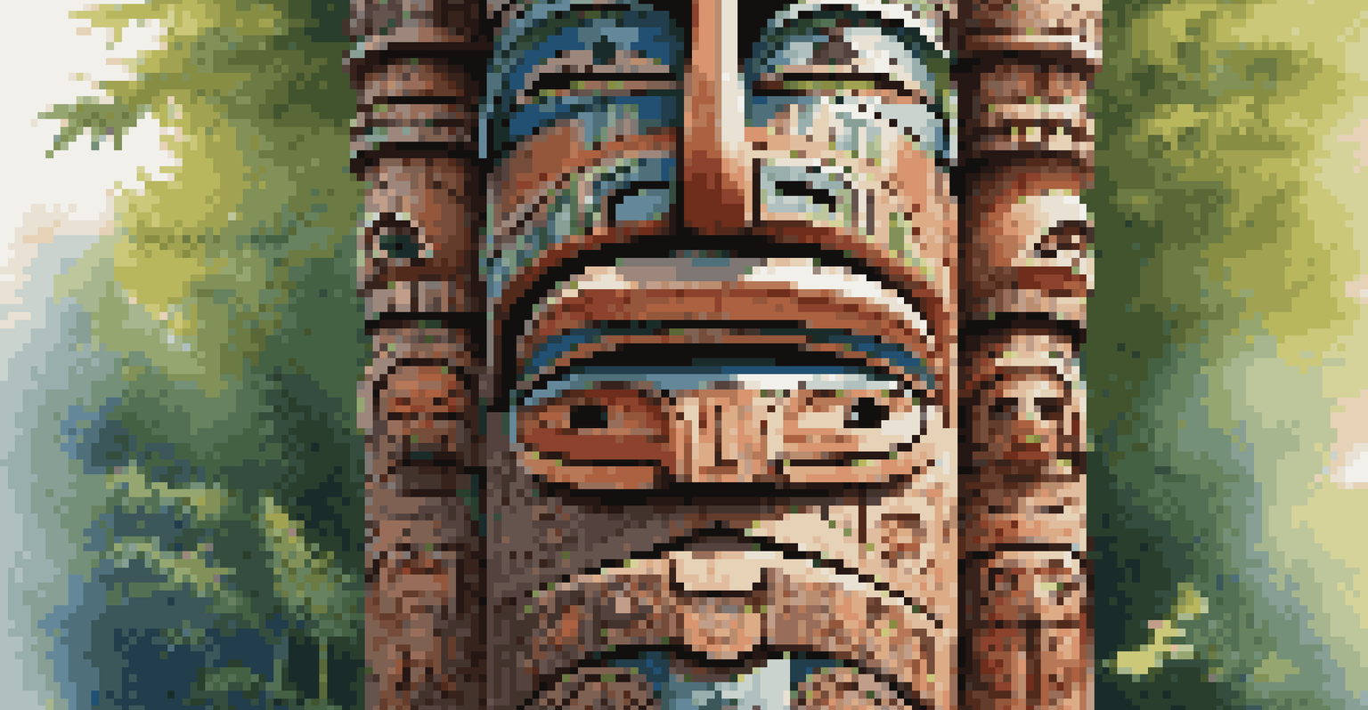 A beautifully carved indigenous totem pole in a natural setting, surrounded by greenery and sunlight.