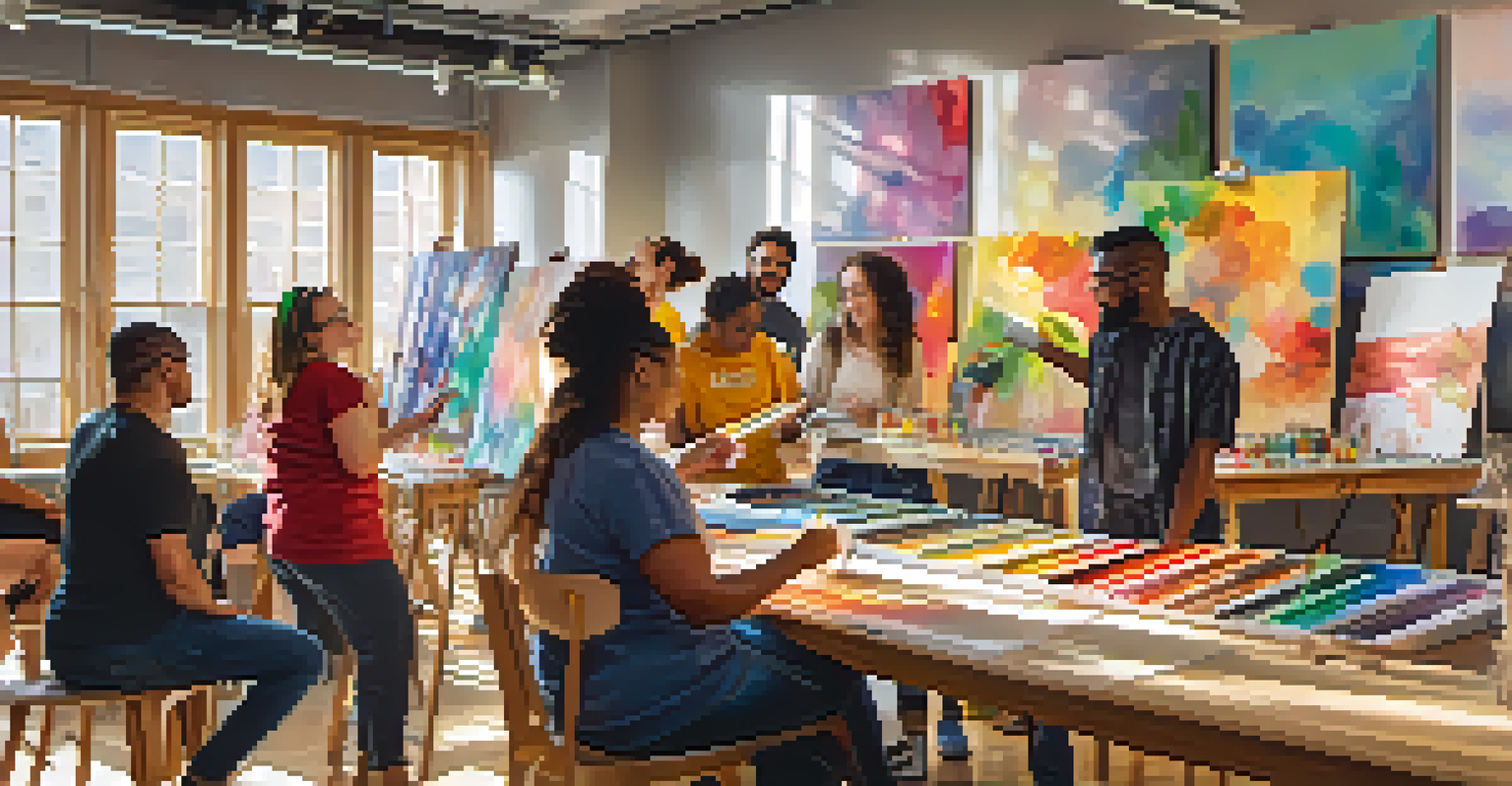 A diverse group of people in an interactive art workshop, surrounded by colorful canvases and art supplies, with sunlight streaming through windows.