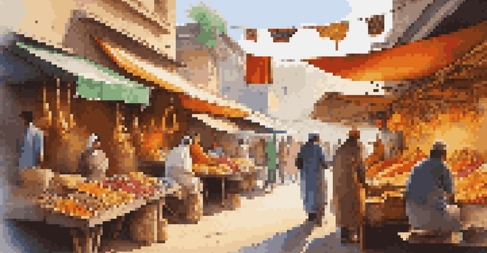 A lively street market filled with colorful stalls displaying cultural artifacts and foods, with diverse people interacting.