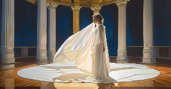 A performance artist in flowing white fabric stands on stage with soft lighting, while the audience is blurred in the background.