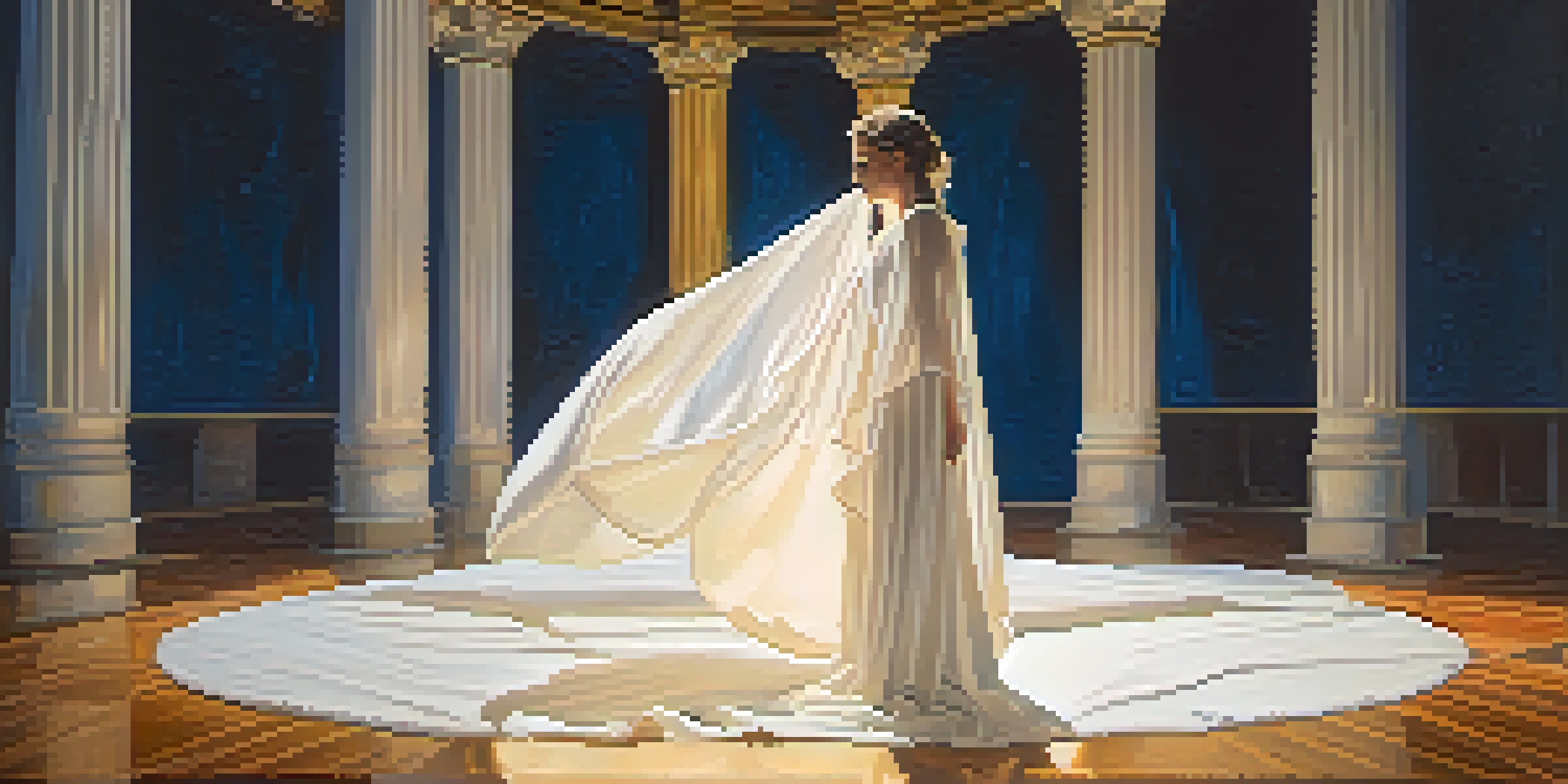 A performance artist in flowing white fabric stands on stage with soft lighting, while the audience is blurred in the background.