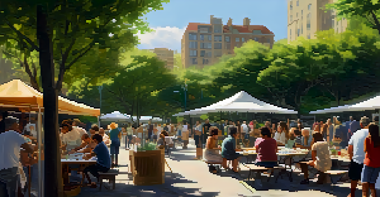 A community art workshop in a park with residents creating art together.