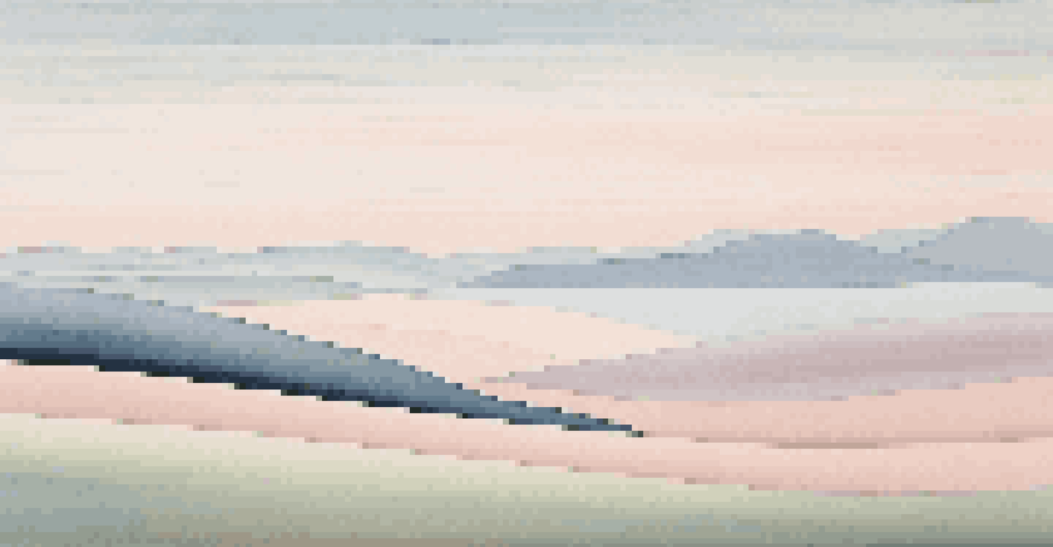 A serene landscape with rolling hills in pastel colors and thin horizontal lines, evoking tranquility.