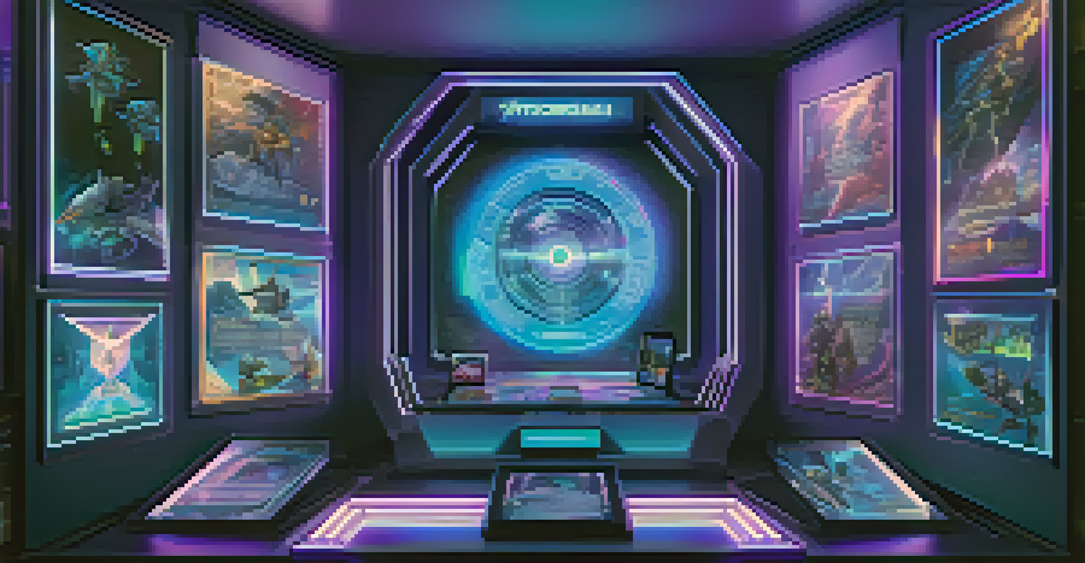 Holographic display of unique virtual trading cards in a futuristic setting.