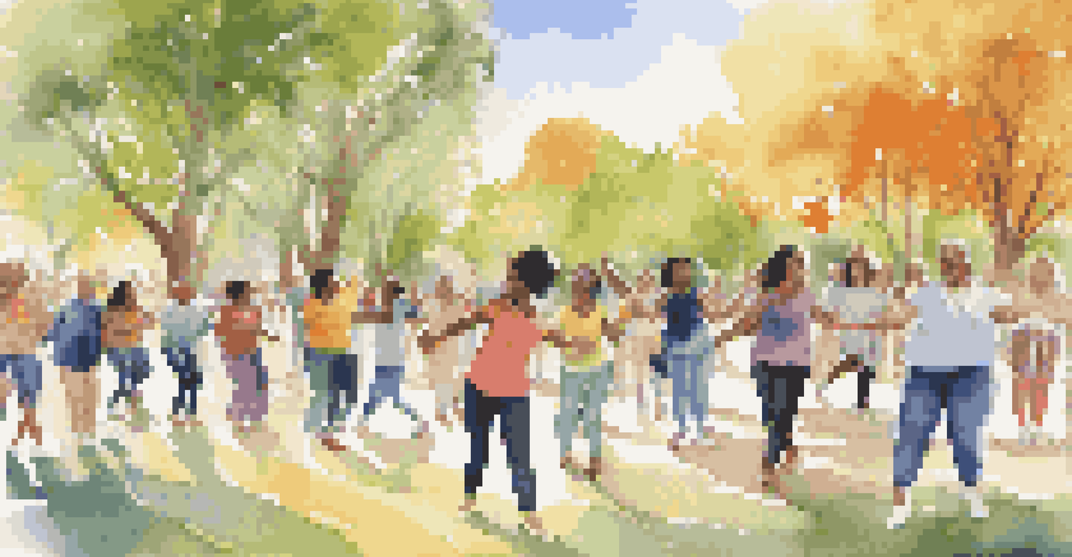 A community dance workshop in a park, with a diverse group of individuals dancing in a circle, surrounded by colorful banners promoting inclusivity.