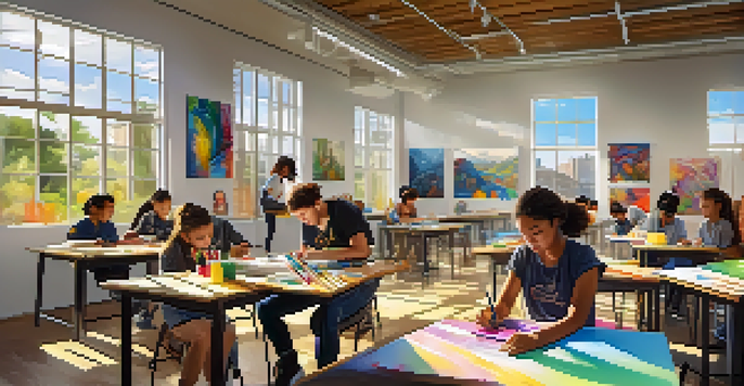 A colorful art classroom with diverse students engaged in various artistic activities, illuminated by natural light.