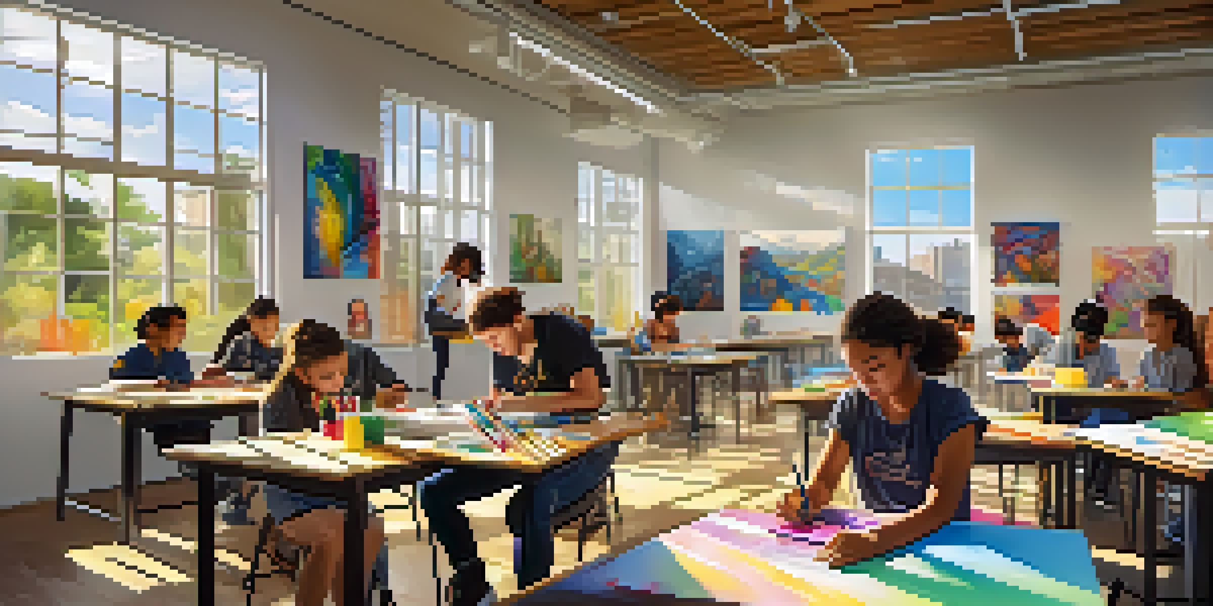A colorful art classroom with diverse students engaged in various artistic activities, illuminated by natural light.