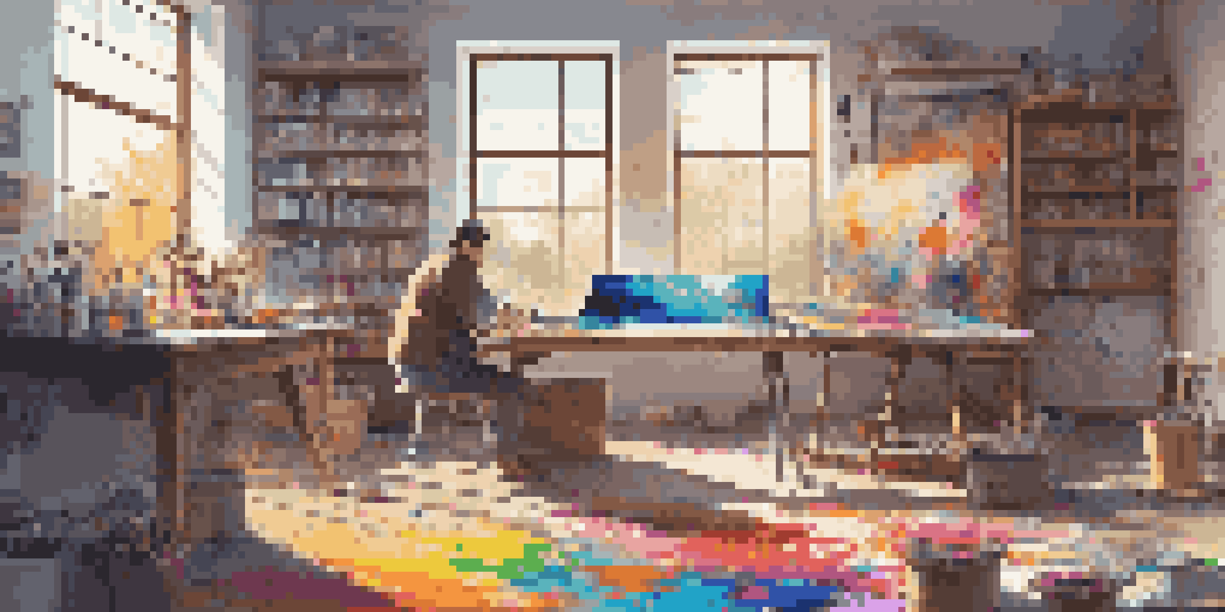 A digital artist in a colorful studio, using a tablet with traditional art supplies around.