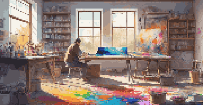 A digital artist in a colorful studio, using a tablet with traditional art supplies around.