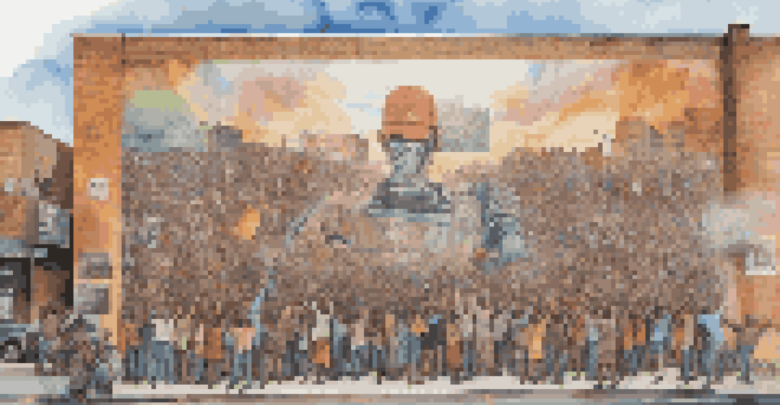 A large street mural illustrating social justice themes, with people admiring the powerful artwork.