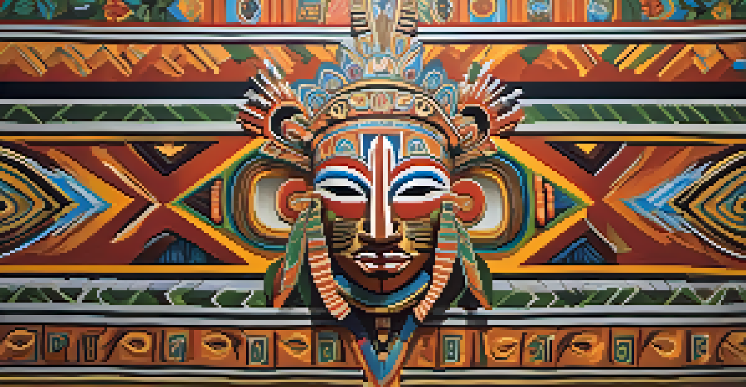 A close-up view of a detailed mural showcasing indigenous culture, with vibrant colors and traditional motifs, illuminated by natural light.
