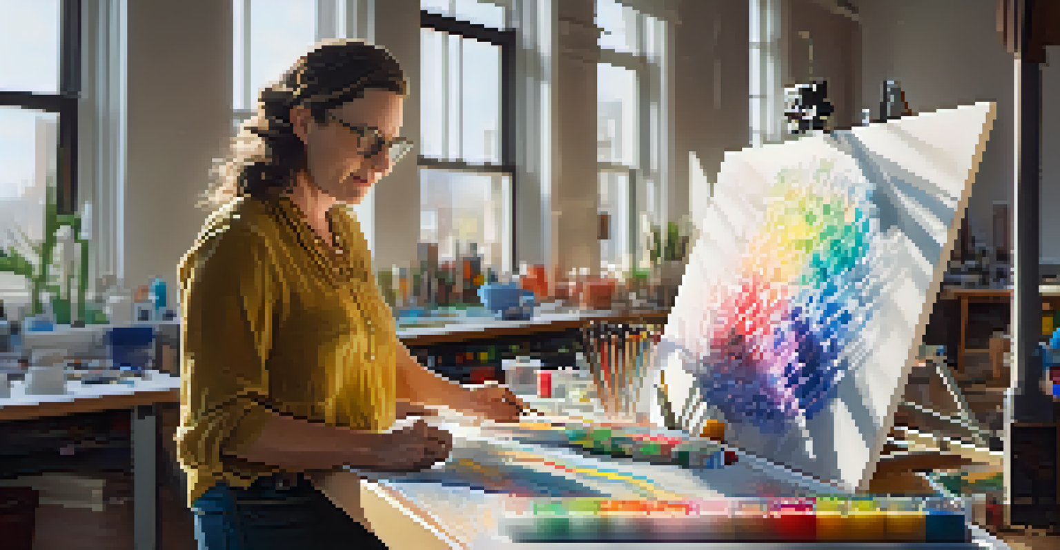 An artist in a bright studio working with a 3D printer to create tactile graphics, surrounded by colorful art supplies and natural sunlight.