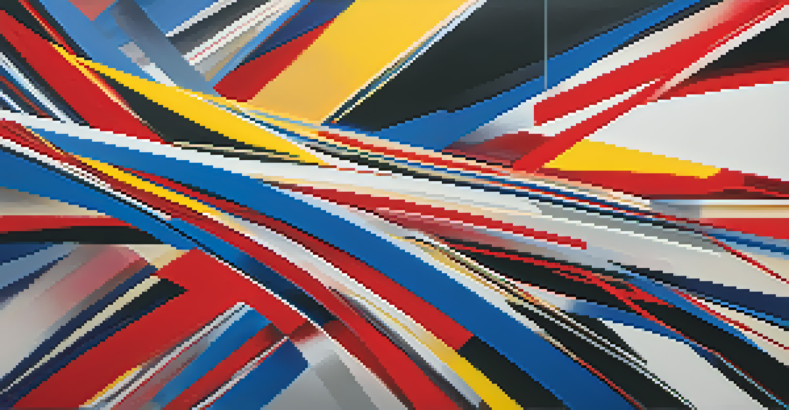 An abstract image with bold diagonal lines in red, blue, and yellow, suggesting energy and movement.