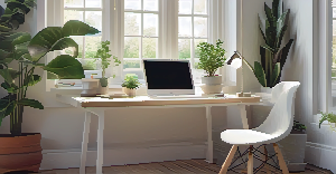 A clean and minimalist workspace with a white desk and laptop, surrounded by green plants, illuminated by soft natural light.