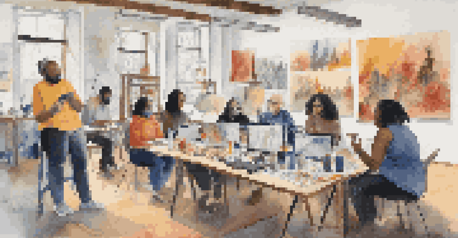 A group of diverse artists participating in an online workshop, each in their unique creative spaces, engaged in learning.
